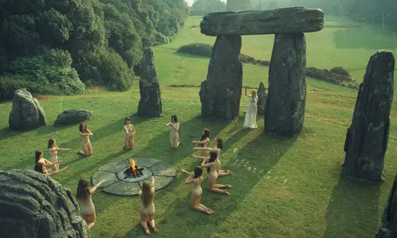 In the film The Wicker Man, women can be seen kneeling in a circle. They are naked and practicing a religious ritual.