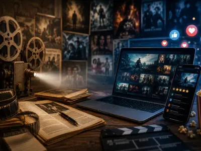 A generic film image depicting a projector lighting a laptop displaying films on a streaming service.