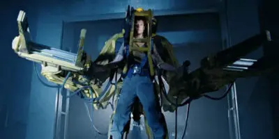 Sigourney Weaver in the powerloader suit in Aliens.