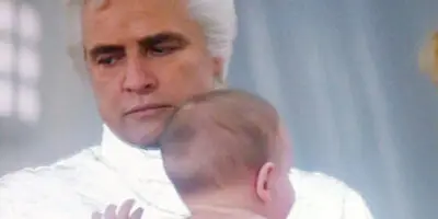 Marlon Brando as Superman's father in the 1978 film, Superman. Here, he holds Superman as a baby.