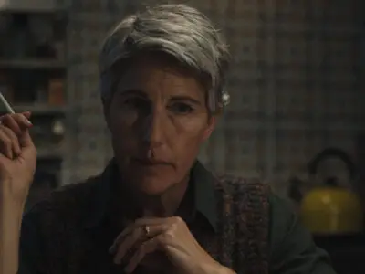 Tamsin Greig - looking concerned and sporting short, greying hair - in the short film, Largo.