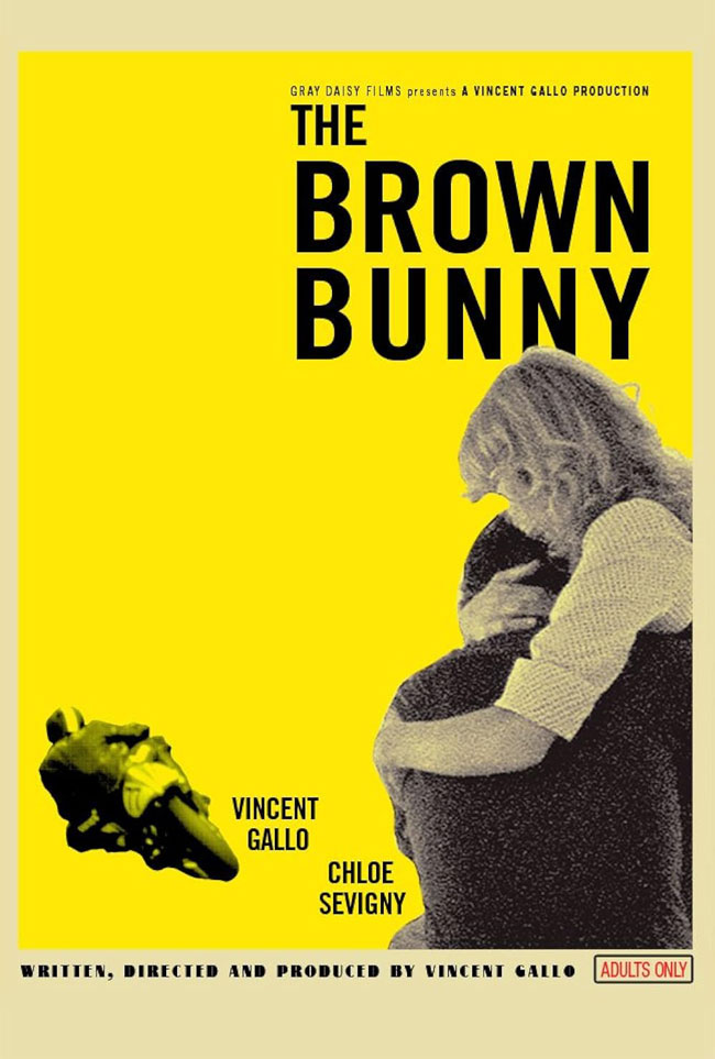 The Brown Bunny film poster featuring actor Chloe Sevigny on a yellow background with black titles.
