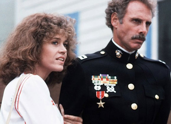 Jane Fonda and Bruce Dern, who is wearing a military officer's uniform, are presented in two-shot in the Hal Ashby film, Coming Home.