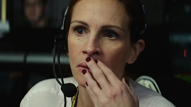 Julia Roberts looks fearful in the thriller film, Money Monster.